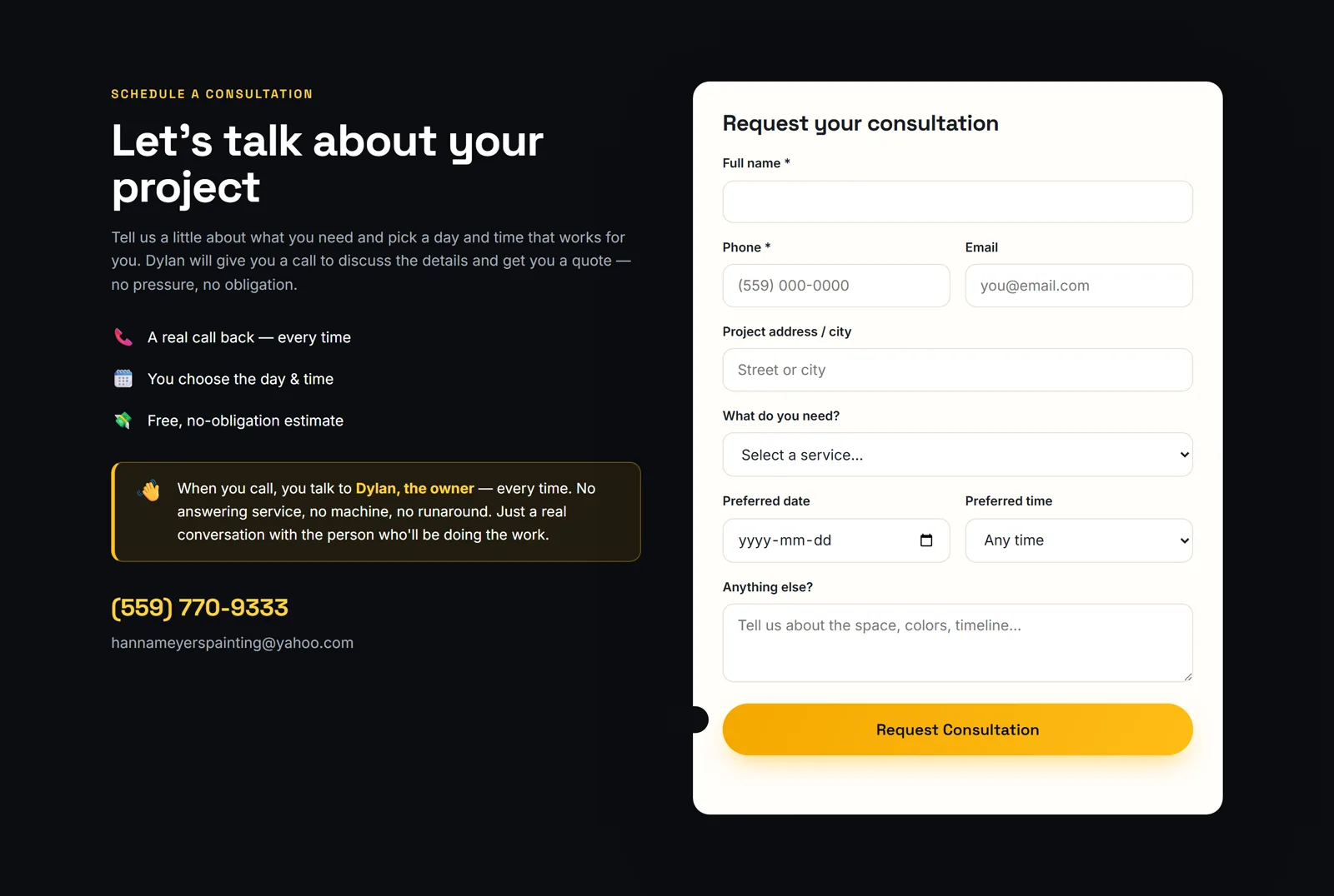 The consultation booking form — name, phone, service, and preferred date and time fields