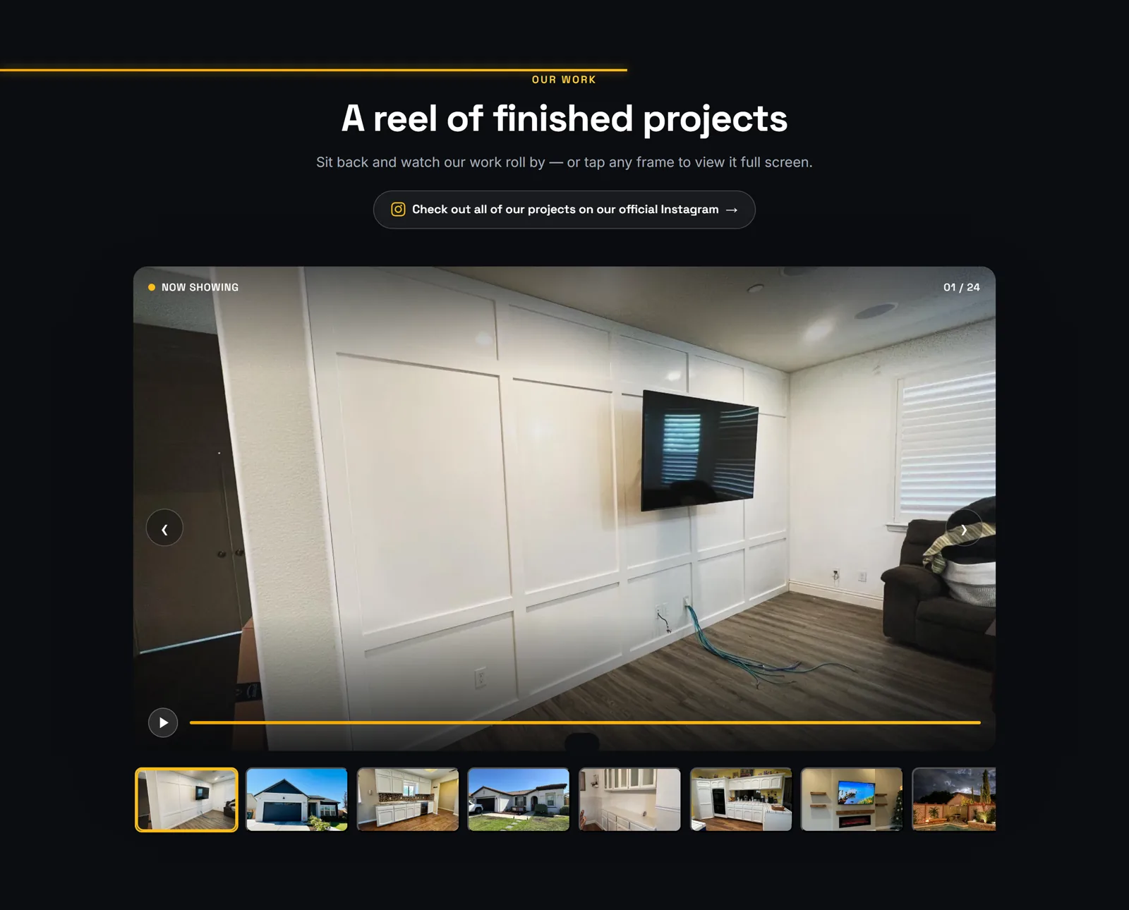 The site's cinematic project gallery — a large now-showing frame above a filmstrip of finished jobs