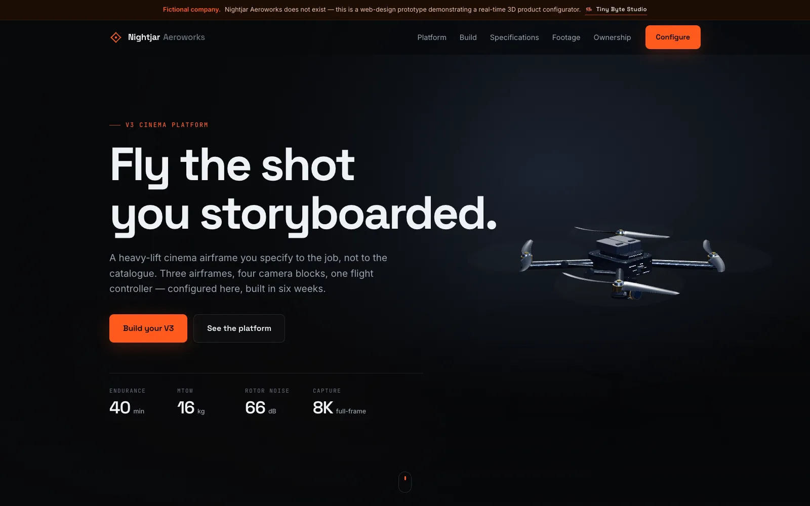 The Nightjar Aeroworks prototype — a dark product page with a 3D drone rendered in the browser